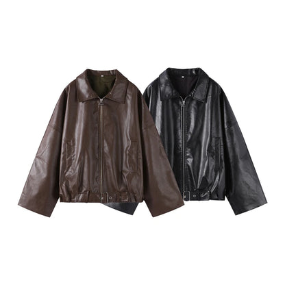 Vintage Leather Bomber Jacket – Women's PU Leather Zip Jacket With Belt & Patchwork Design