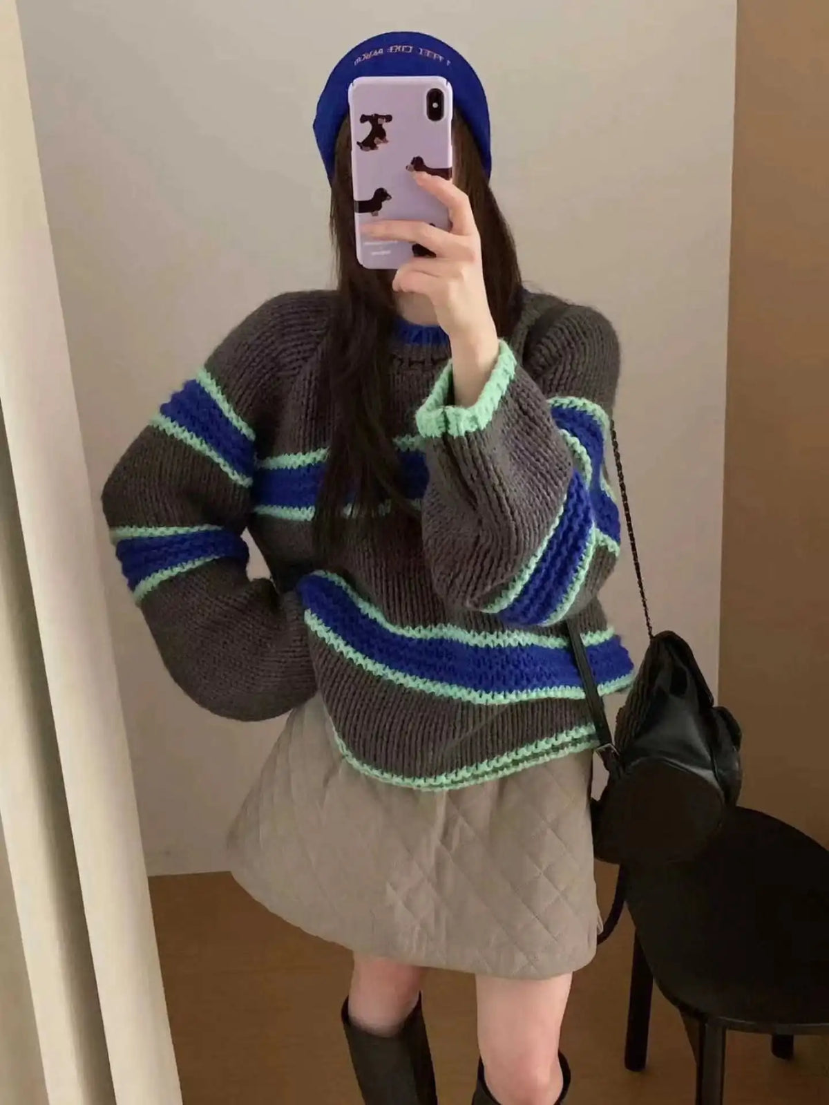 Chic Loose Long Sleeve Knitted Sweater round Neck Striped Autumn Winter New Style Women's Regular Fit Comfortable Casual Sweater