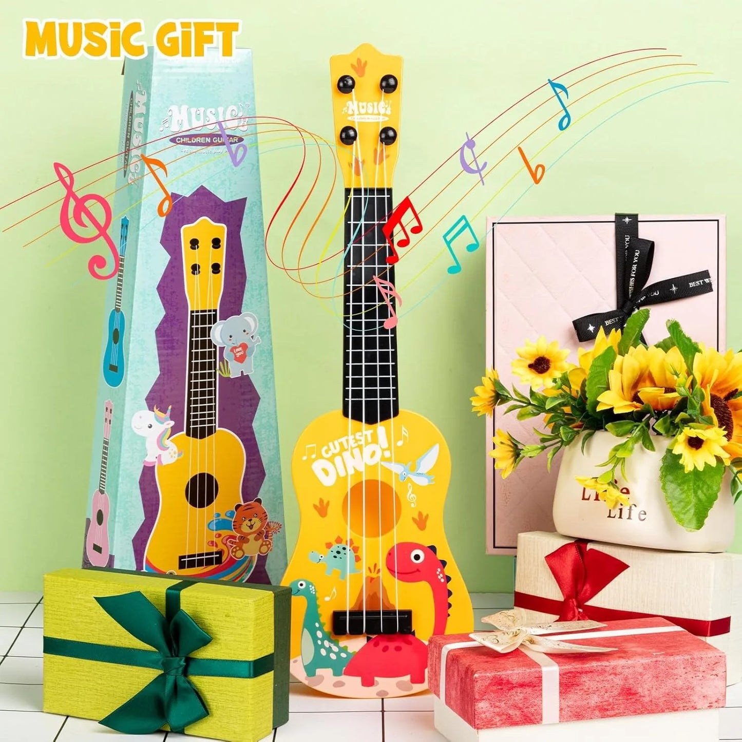 17 Inch Mini Kids Classical Guitar 4-String Ukulele - Dinosaur Design, Christmas Birthday Gift, Musical Toy for Beginners, Party