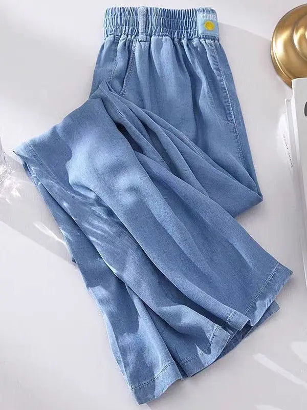 Spring Summer Ice Silk Wide Leg Jeans Loose Casual Pants Thin Lightweight Women's plus Size Elastic Waist Drapey Loose Fit