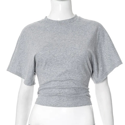 Fashion Casual Solid Gray Cropped T-shirt 2025 Woman Clothes O-neck Corset Tops Streetwear Girls Spring Summer Short Tee Shirts