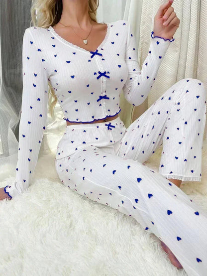 Autumn Winter Pajama Set for Women Sleepwear Knitted V-Neck Heart Print Loose Tops and Elastic Long Pants Sets Loungewear