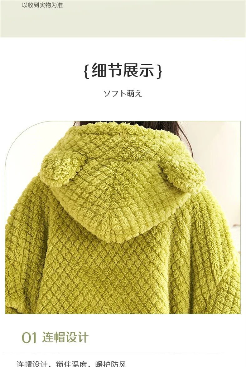 Autumn Winter Women's Sleepwear Flannel Pajamas Set Thick Fleece Nightwear Sets Warm Home Suits Hoodie Plus Pants
