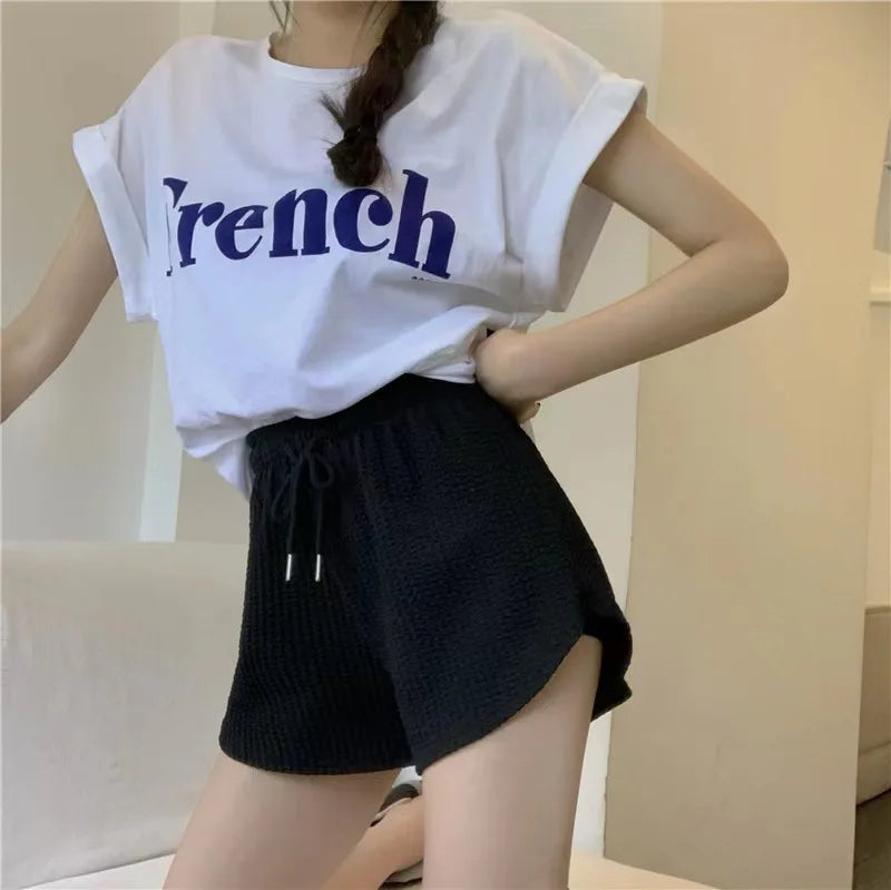 New Summer Waffle Shorts for Women, High Waist Plus Size Loose Casual Pants, Internet Famous Sports Fitness Shorts