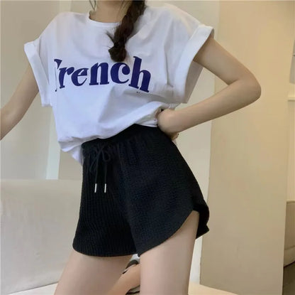 New Summer Waffle Shorts for Women, High Waist Plus Size Loose Casual Pants, Internet Famous Sports Fitness Shorts