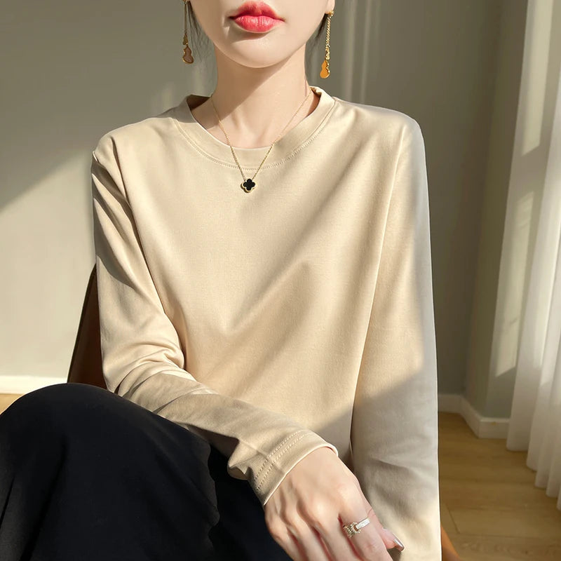 100 Cotton Womens Long-Sleeved Round Neck T-Shirt - Loose Bottoming Top for Spring  Autumn