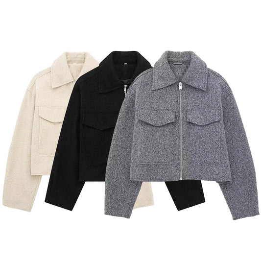 Women Zipper Jacket - Grey Vintage Lapel With Pockets | Casual Long Sleeve Outerwear
