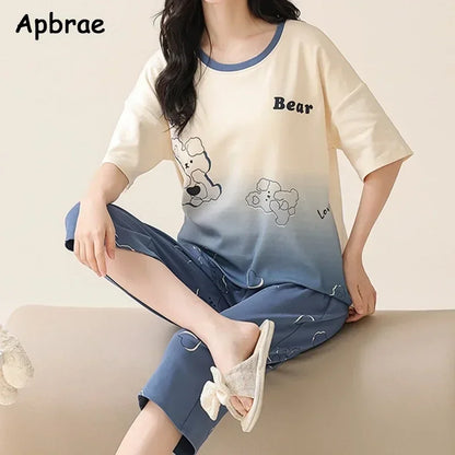 Summer Capris Pajamas for Women Plus Size 5XL Woman Causal Pajama Sets Cartoon Lapel Pijamas Cute Girl Soft Cotton Sleepwear