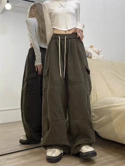 Cargo Pants Women Solid Color Japanese Loose Thin Straight Wide-leg High Waist Trousers High Street Basics Casual Pants Female