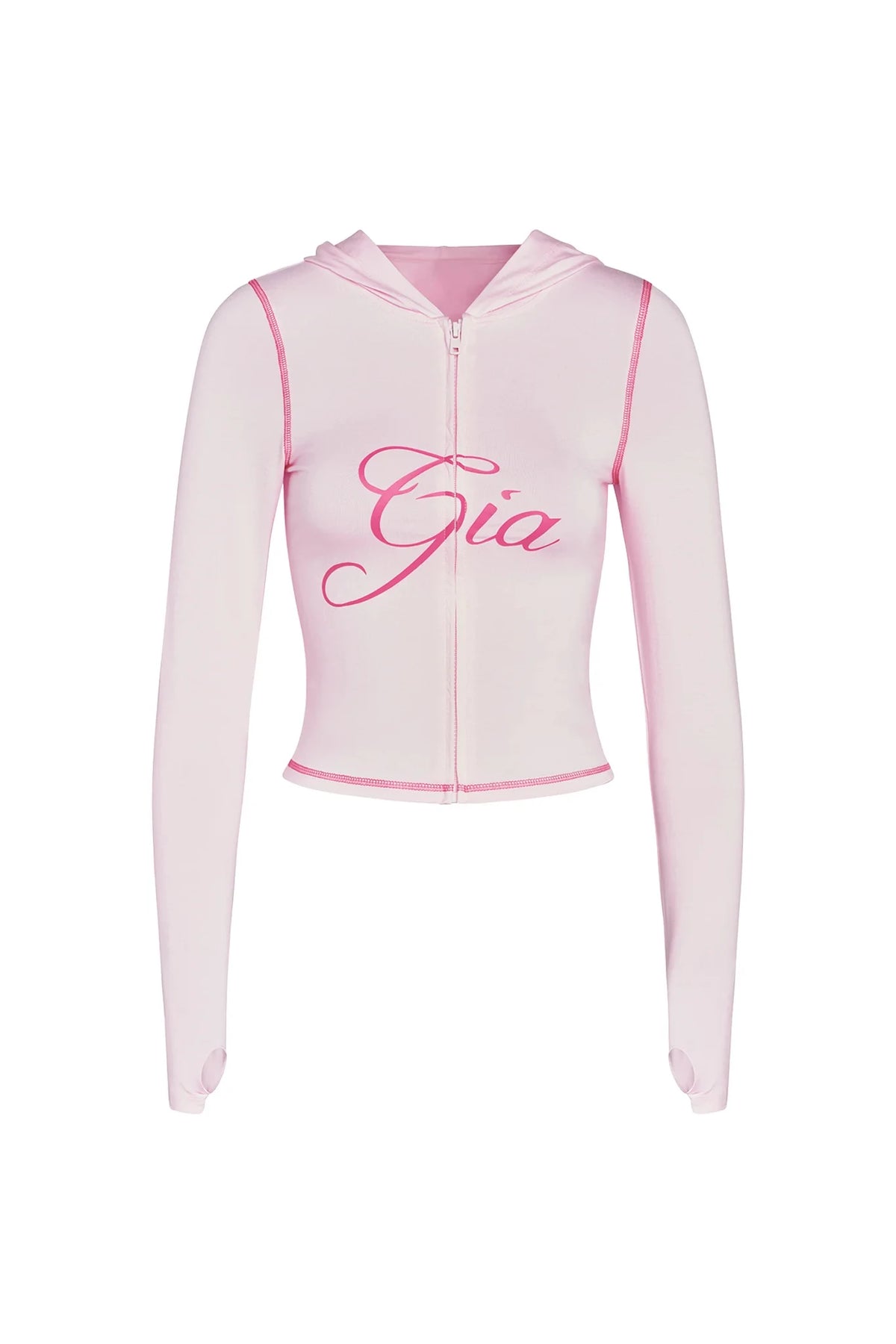 Gia neon pink regular shoulder slim-fit letter print topstitching design slim-fit hooded zip-up short jacket and pants set