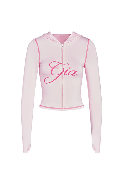 Gia neon pink regular shoulder slim-fit letter print topstitching design slim-fit hooded zip-up short jacket and pants set
