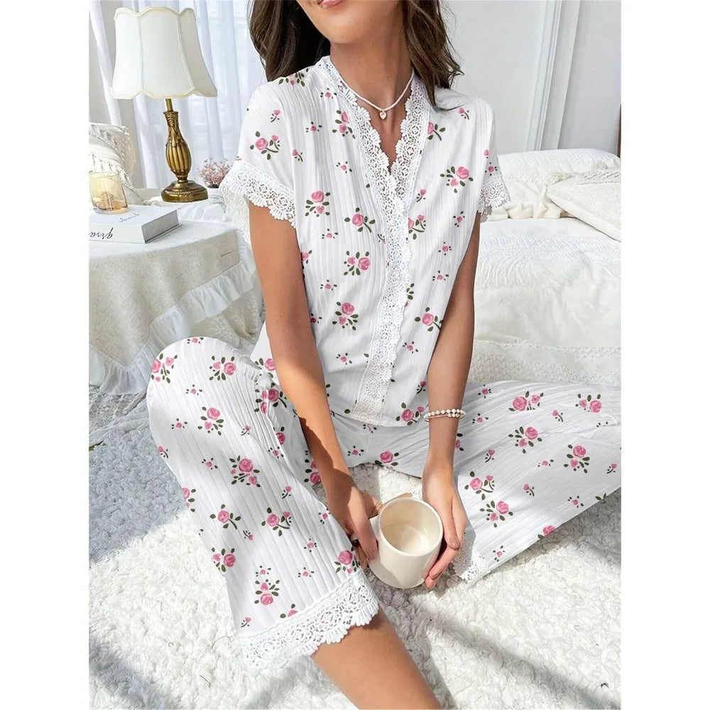 New Fashion Women's Pajamas Autumn and Winter Collar Lace Printed Shirt Trousers Homewear Homewear Homewear Lingerie