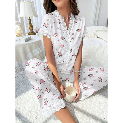 New Fashion Women's Pajamas Autumn and Winter Collar Lace Printed Shirt Trousers Homewear Homewear Homewear Lingerie