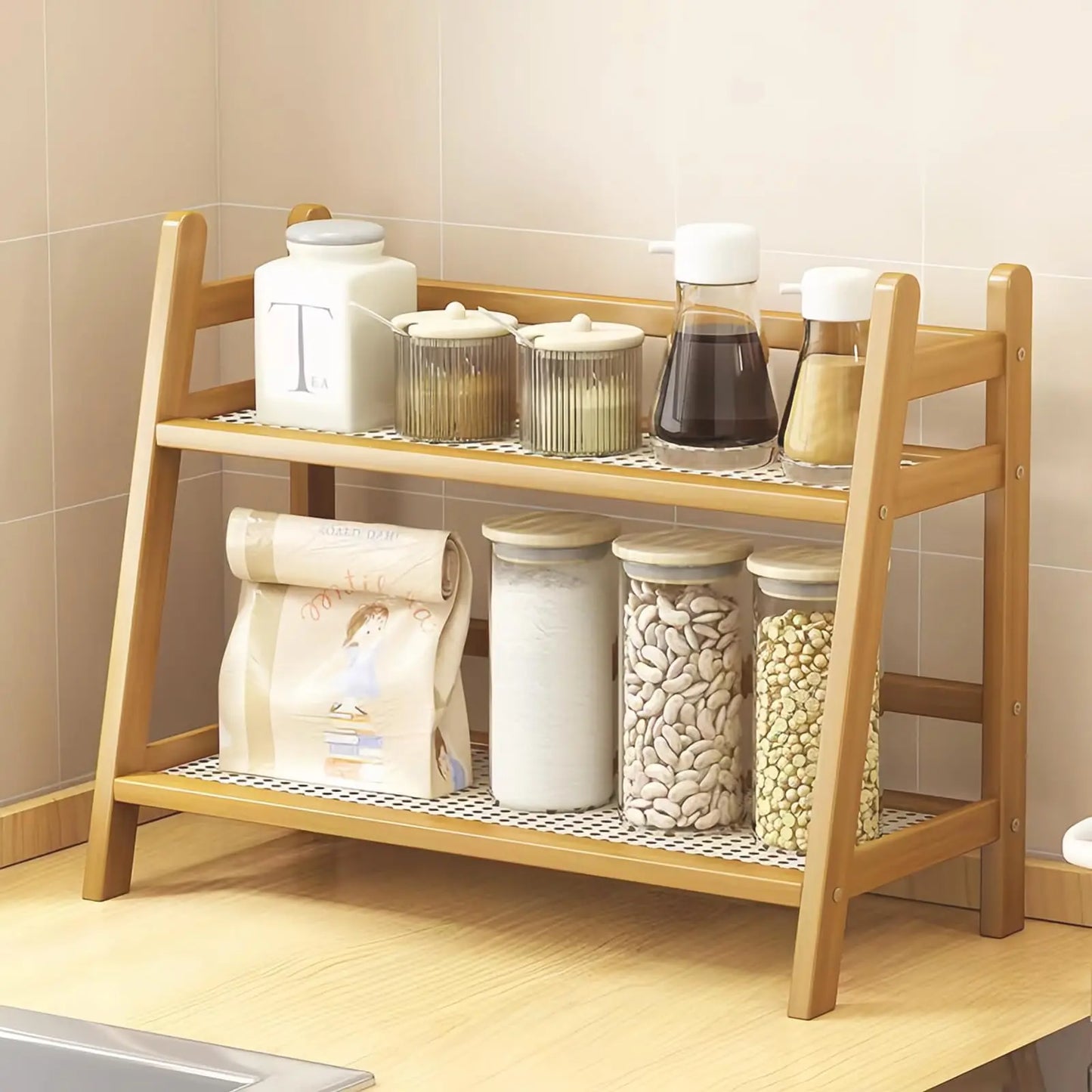 Coffee Station Organizer - 2 Tier Wicker Look Bamboo Mug Holder Shelf