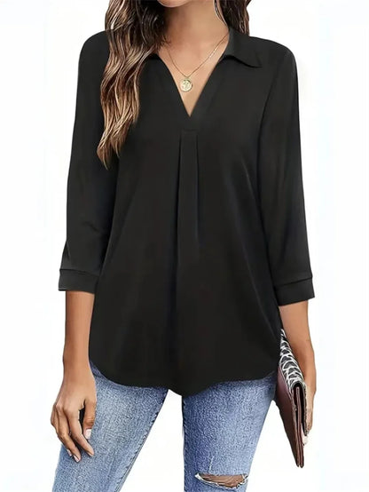 Ladies' spring and summer style shirt, ladies' casual style, loose V-neck, three-quarter sleeve, pure color loose top, DF5012