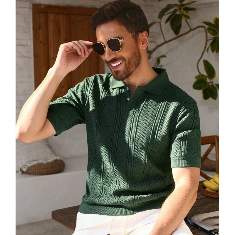 US Size Mens Knit Shirts Casual Stretch Golf Shirts Short Sleeve Polo Shirt Men's Summer Old Money Knit Top