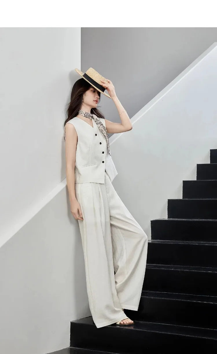 SENTUBILA Office 2 Piece Pant Set 2026 Women Linen Blend Summer Suit V Neck Waistcoat Wide Leg Baggy Pant Print Scarf 162ZA5663Z