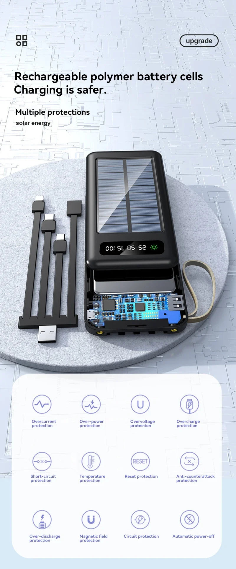 Lenovo Solar Power Bank 50000mAh Large Capacity Mobile Power Fast Charging Battery Dual USB 4 Cables For iPhone Samsung
