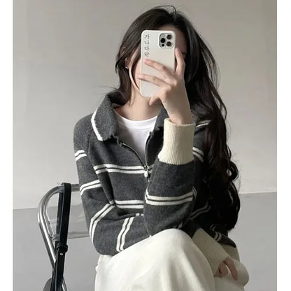 Korean Style Lazy Striped Zipper Color Block Long Sleeve Women's Soft Sweater Autumn Winter New Design Knitted Shirt