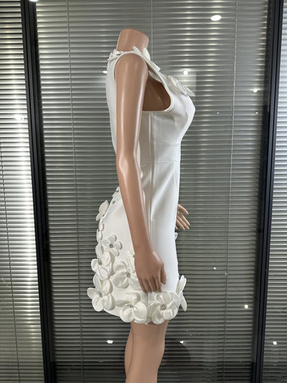 Glamorous Sexy Crystal 3D Flowers Emmbellished Deep V-neck Sleeveless High Waist Evening Party Bandage Mini Dress