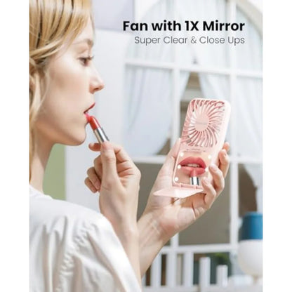 Portable Handheld Fan, 3 Speed LED Makeup Mirror with Light, Folding Stand for Desktop, Rechargeable Mini Personal Fans Small T