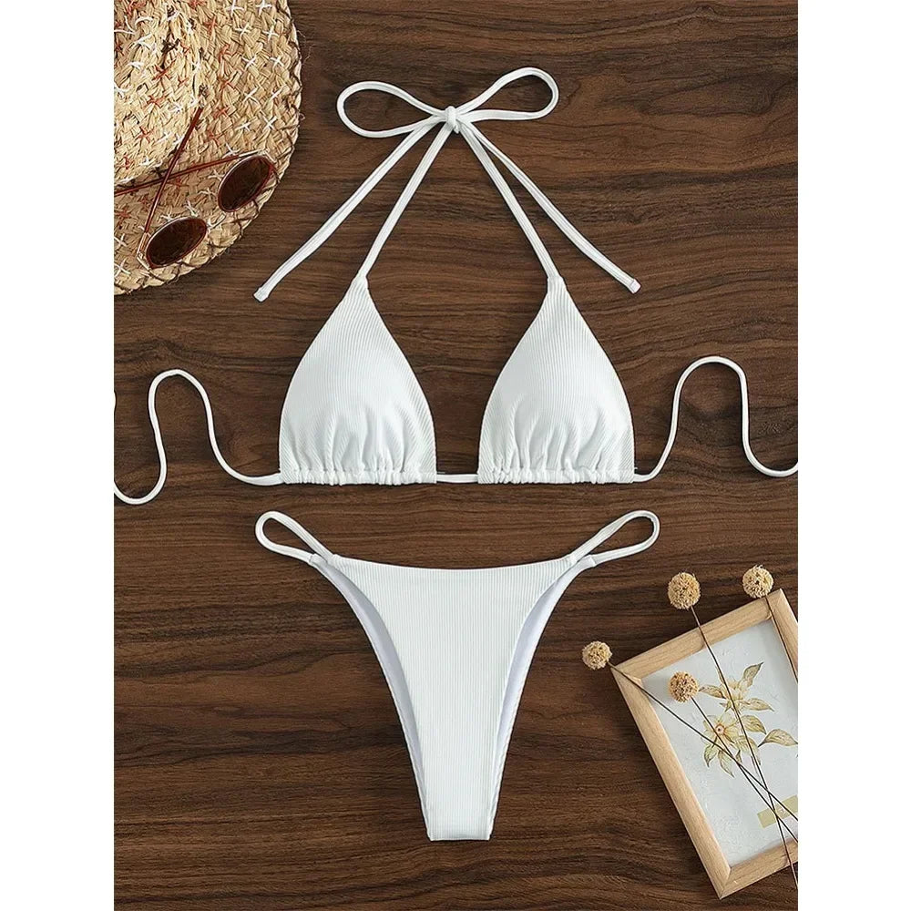 Sexy Women Thong Solid Color Bikini Set Side Halter Tie Swimsuit Ladies Split Strap Adjustable Brazilian Swimwear Beachwear