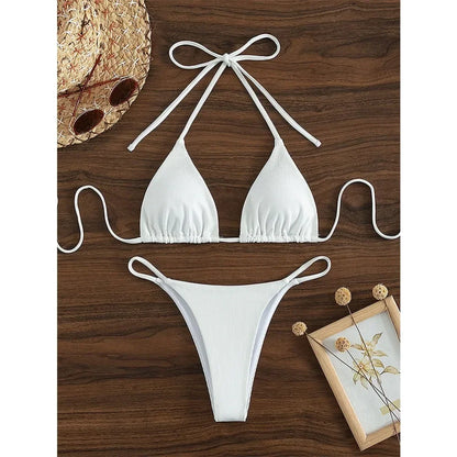 Sexy Women Thong Solid Color Bikini Set Side Halter Tie Swimsuit Ladies Split Strap Adjustable Brazilian Swimwear Beachwear