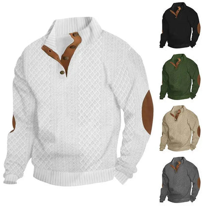 Men's Waffle Knit Quarter Zip Pullover with Contrast Trim and Elbow Patches Casual Long Sleeve Sweater