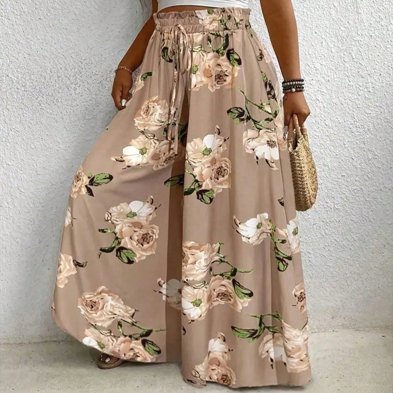 Elegant plus Size Printed Wide Leg Pants for Women Loose Fit Imitation Drawstring Waist Belt Non-Elastic Fabric