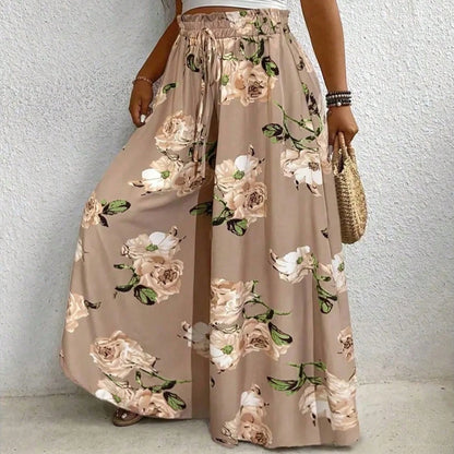 Elegant plus Size Printed Wide Leg Pants for Women Loose Fit Imitation Drawstring Waist Belt Non-Elastic Fabric