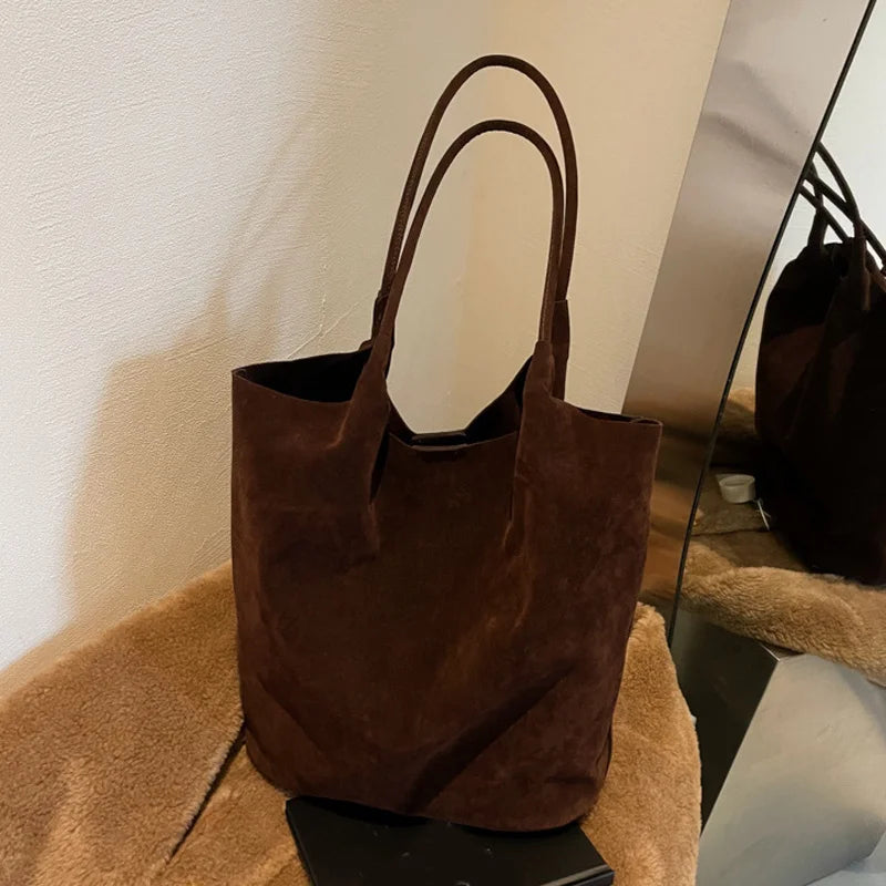 Women's Suede Shoulder Bag - High Capacity Casual Tote With Zippered Purse & Cell Phone Pocket