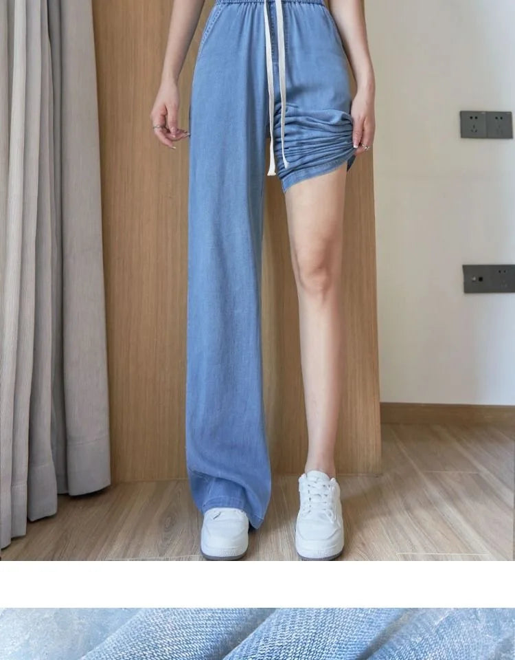 Summer Thin Soft Silk Loose Straight Leg Jeans Women's High Waist Wide Leg Pants Comfortable Breathable Casual Trousers
