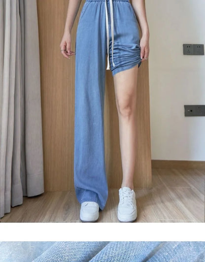 Summer Thin Soft Silk Loose Straight Leg Jeans Women's High Waist Wide Leg Pants Comfortable Breathable Casual Trousers