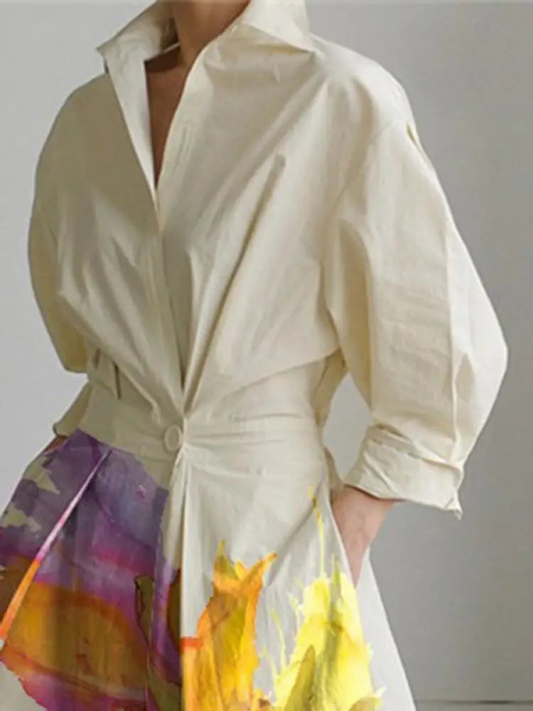 A-Line Pleated Dress - Tied Waist Cotton Blend Midi Dress With Lapel Collar