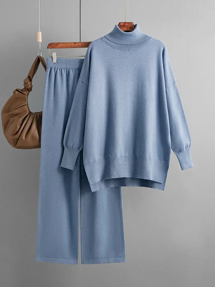 Women's Two Piece Set Autumn Winter High Collar Slit Knitted Sweater Pullover Fashion Casual Loose High Waist Pant Ensemble