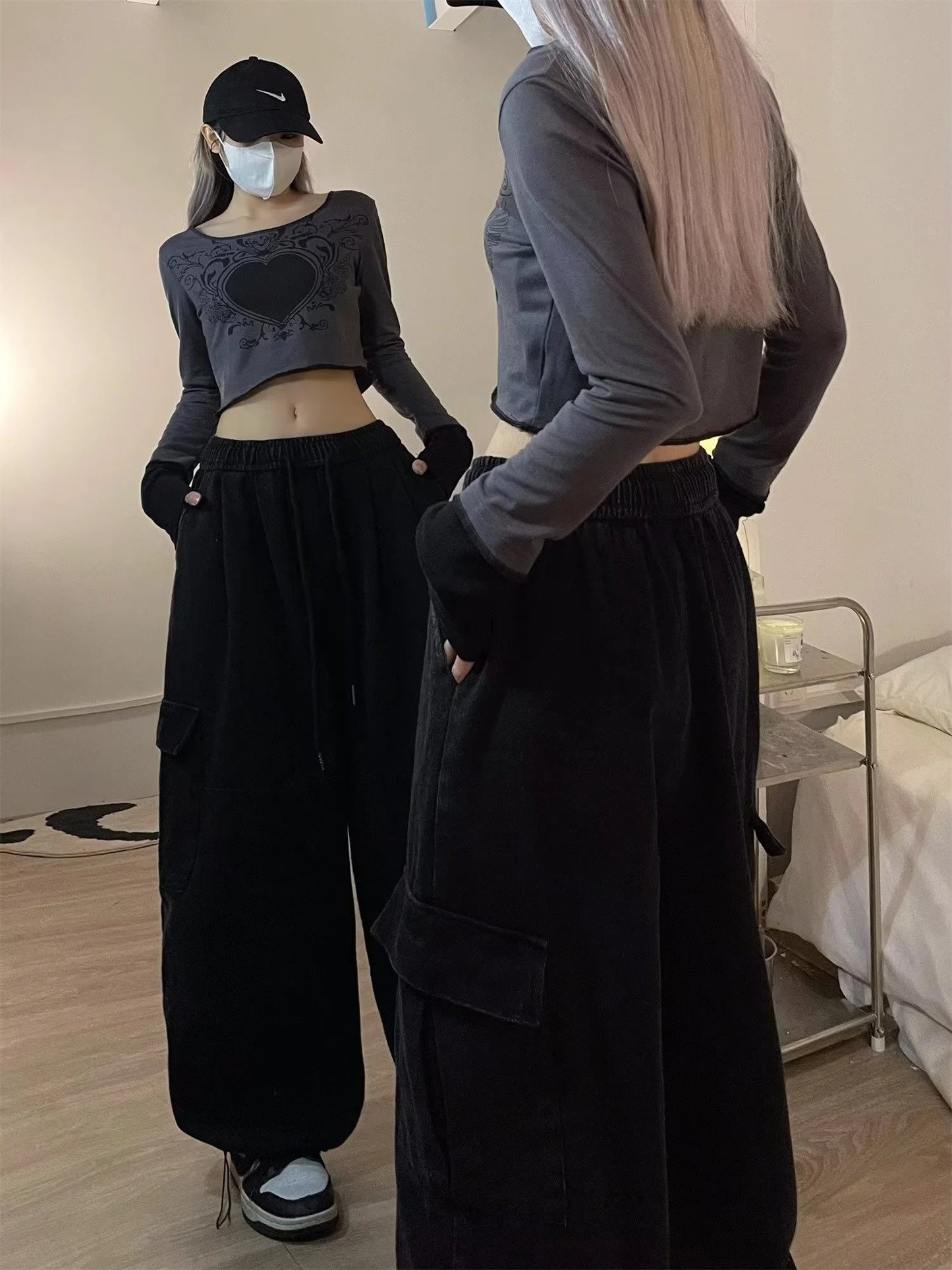 Cargo Pants Women Solid Color Japanese Loose Thin Straight Wide-leg High Waist Trousers High Street Basics Casual Pants Female