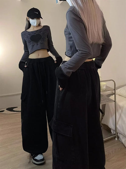 Cargo Pants Women Solid Color Japanese Loose Thin Straight Wide-leg High Waist Trousers High Street Basics Casual Pants Female