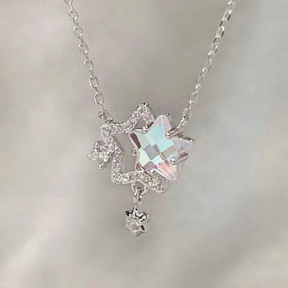 Fairy Elegant Pink Round Crystal Pendant Necklace Simple Design Korean Fashion Girls Women Star Clavicle Chain Jewelry Gifts