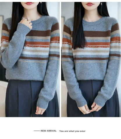Autumn and winter 100% pure wool striped retro style round-neck wool knit women's long-sleeved versatile sweater top