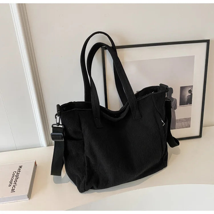 Corduroy Shoulder Bag - Large Capacity Crossbody Zipper Closure Purse