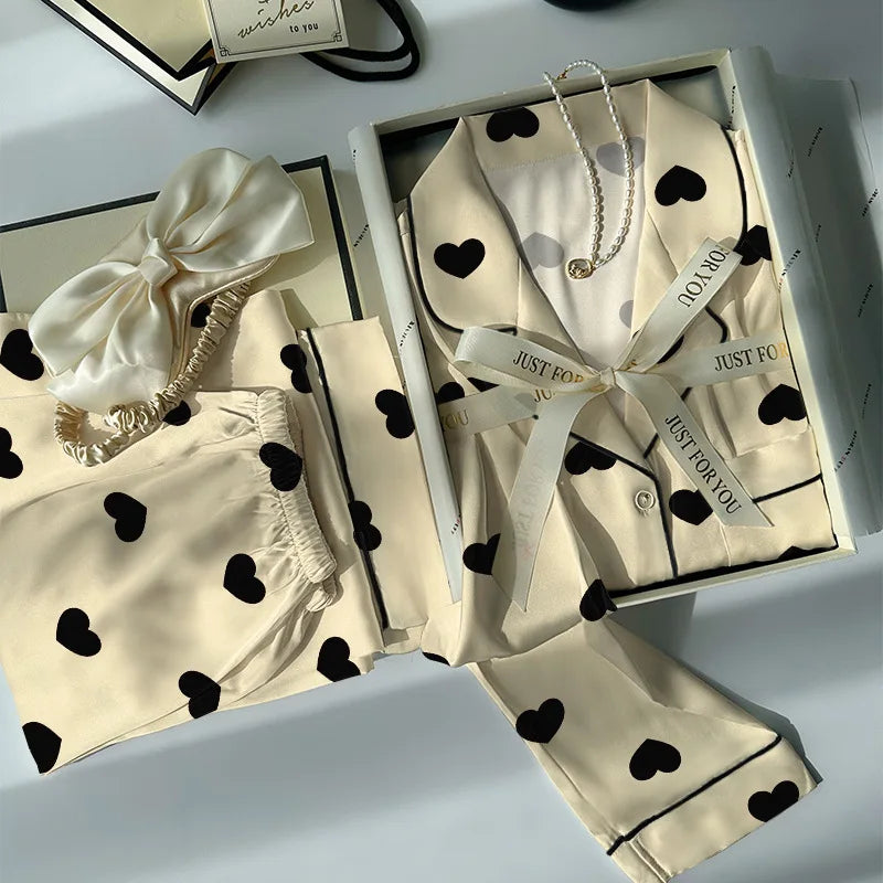 Women's Spring and Summer Light Luxury High Value Love Love Ice Silk Cool Feeling Pajamas Female Long-Sleeved Two-Piece Homewear