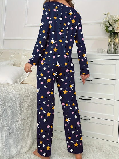 2-Piece Standard Size Women's Autumn and Winter Pajamas, Comfortable, Casual, Elegant and Cute Star Print Long-Sleeved