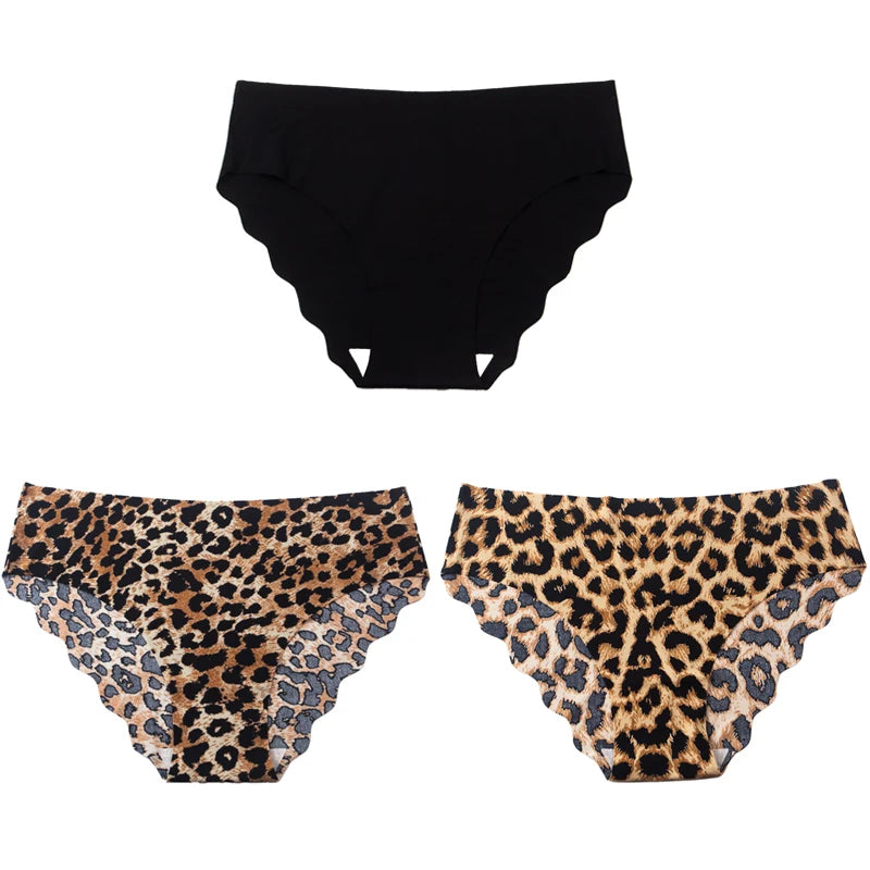 3pcs Women's Seamless Ice Silk Panties Female Mid Waist Plus Size Leopard Print Underwear Girls Fashion Brief Lady Comfort Panty
