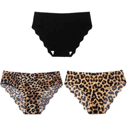 3pcs Women's Seamless Ice Silk Panties Female Mid Waist Plus Size Leopard Print Underwear Girls Fashion Brief Lady Comfort Panty