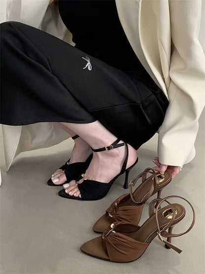 Eilyken Summer Fashion Thin Heels Pleated Hollow Out Buckle Strap Women Sandals Pointed Toe Banquet Party Female Shoes  6CM 9CM