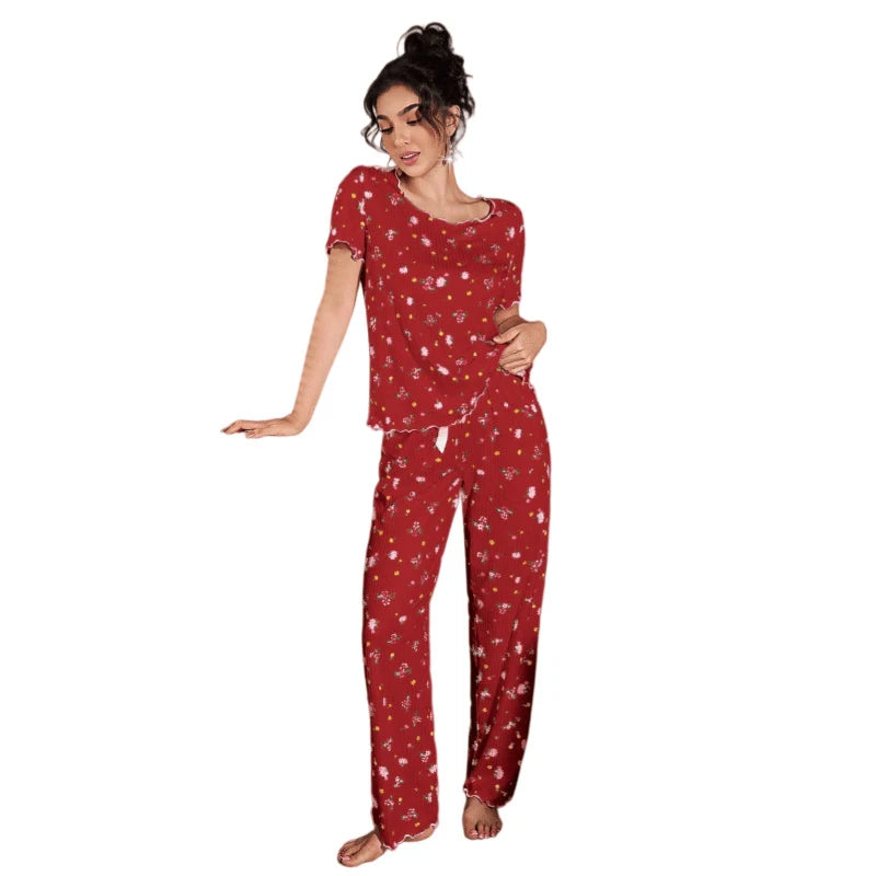 New European and American style loose-fitting women's pajamas, floral short-sleeved long pants home wear, casual two-piece set s