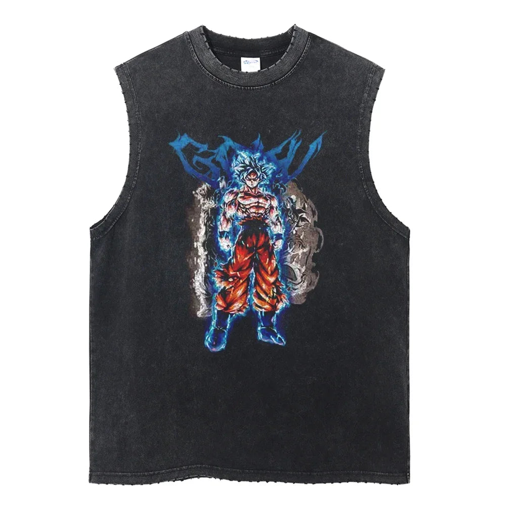 Vintage Vest Washed T-Shirt Anime Dragon Ball Graphic Tank Top Cotton Sleeveless Streetwear Loose GYM T Shirt Men's Clothing