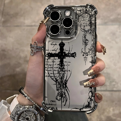 Cool Dark Gothic Cross Mark Line Plating Phone Case For IPhone 17 16e 16 15 14 13 12 11 Pro Max X XR XSMax 7 8 Mini Air Plus