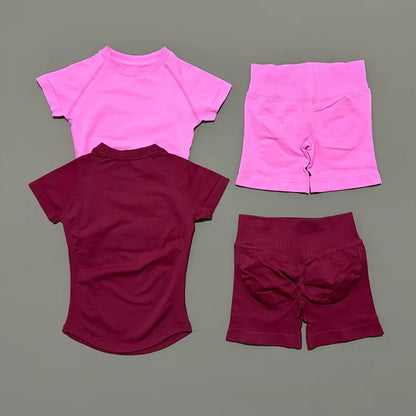 2 Pieces Sports Gym Sets Women Seamless Knitted Yoga Short Sleeve Top Fitness Set Workout Running Sports Short Leggings Suit