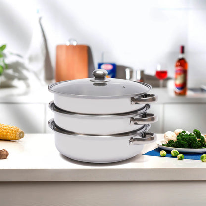 3-Tier Stainless Steel Steamer Pot Set with Glass Lid - 11 Large Cooking Cooker - ZOOMNSTORE